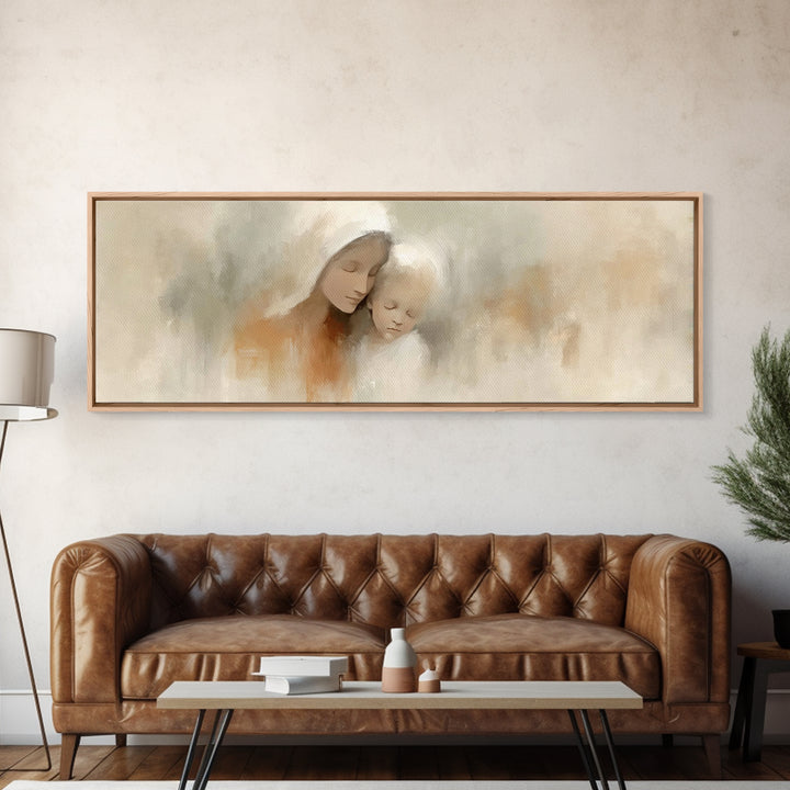 Hushed Bethlehem Love - Framed Canvas Print - Panoramic Print - Christian Wall Art - Mary And Jesus Painting - Christian Art Canvas - Chris