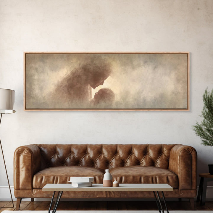 Celestial Motherhood Glow | Framed Canvas Print | Panoramic Art | Christian Art Canvas | Mary And Jesus Painting | Christian Wall Art | Chr
