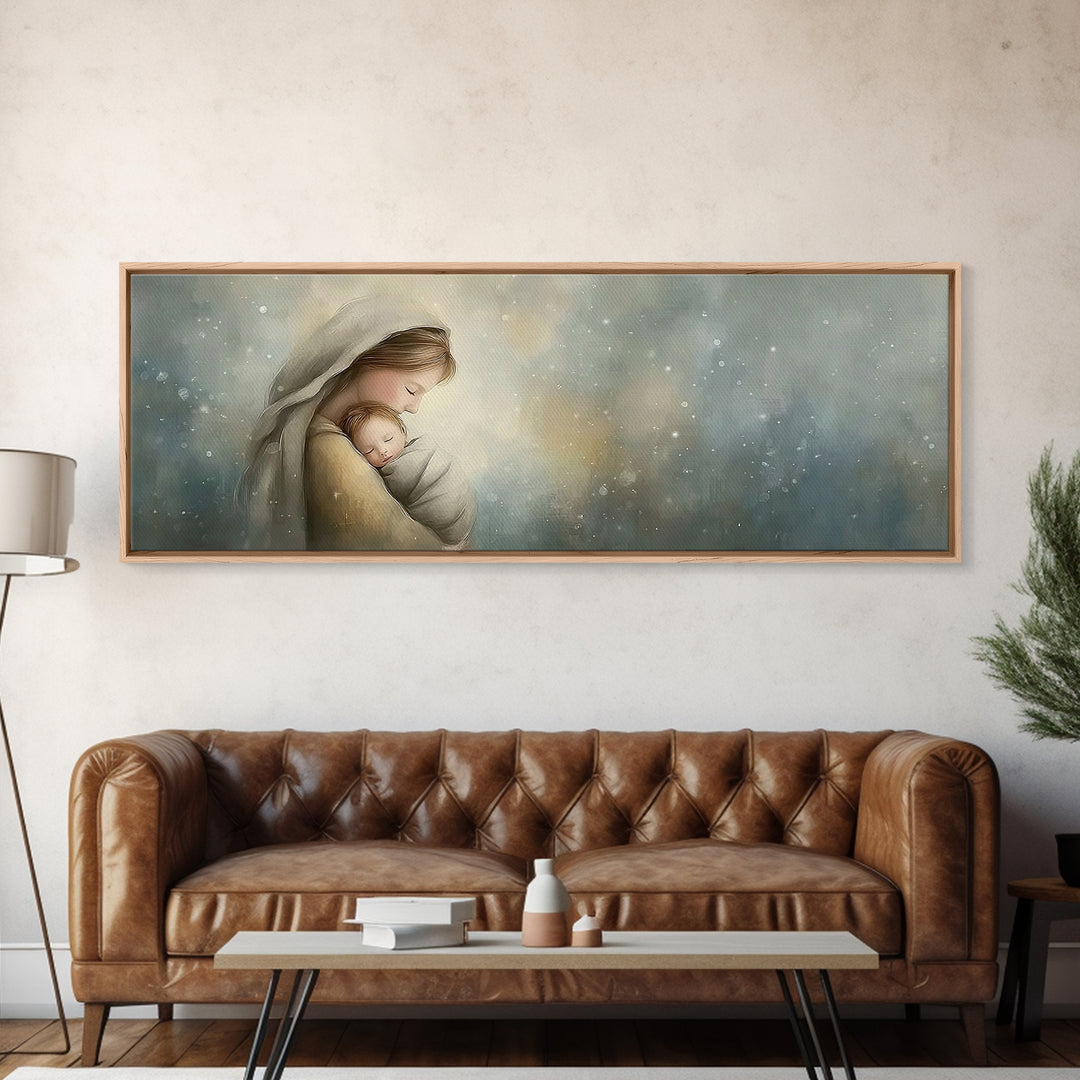 Blessed Winter Warmth, Framed Canvas Print, Panoramic Painting, Christian Art Canvas, Mary And Jesus Painting, Christian Wall Art, Christma
