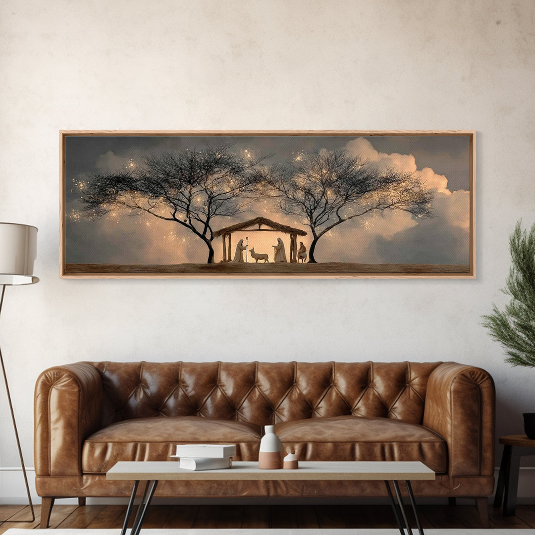 Evening Nativity Glow – Framed Canvas Print – Extra Wide Art – Christian Art – Christian Art Canvas – Christmas Wall Art – Jesus Christmas