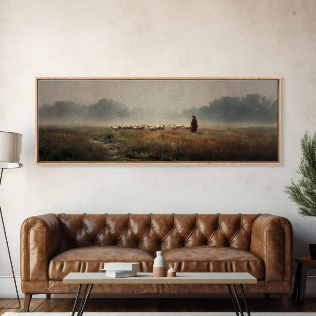 Misty Shepherd Field | Framed Canvas Print | Panoramic Painting | Christian Art Print | Christian Wall Art | Jesus Painting | Subtle Christ