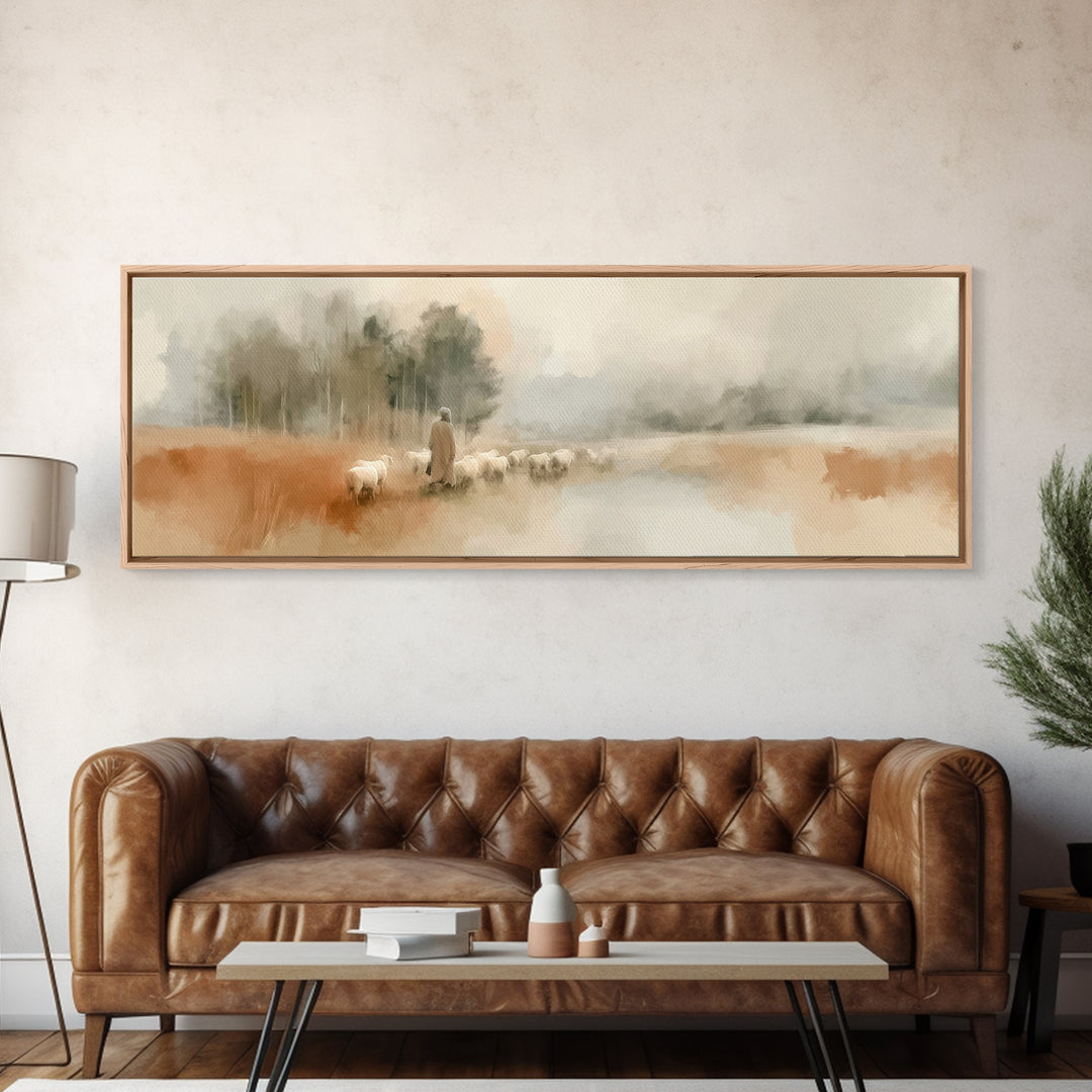 Gentle Pasture Walk, Framed Canvas Print, Panoramic Wall Art, Christian Art Canvas, Christian Art, Modern Christian Art, Jesus Painting, Ch