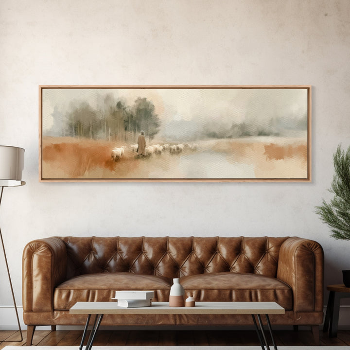 Gentle Pasture Walk, Framed Canvas Print, Panoramic Wall Art, Christian Art Canvas, Christian Art, Modern Christian Art, Jesus Painting, Ch
