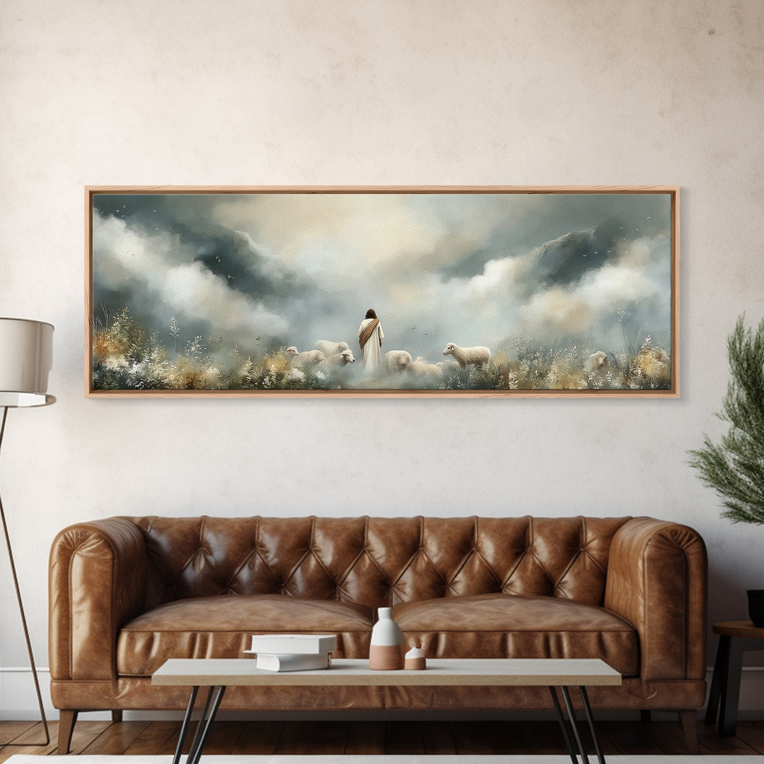 Hillside Shepherd Peace – Framed Canvas Print – Panoramic Frame – Christian Art – Christian Art Prints – Jesus Painting – Christian Wall Ar