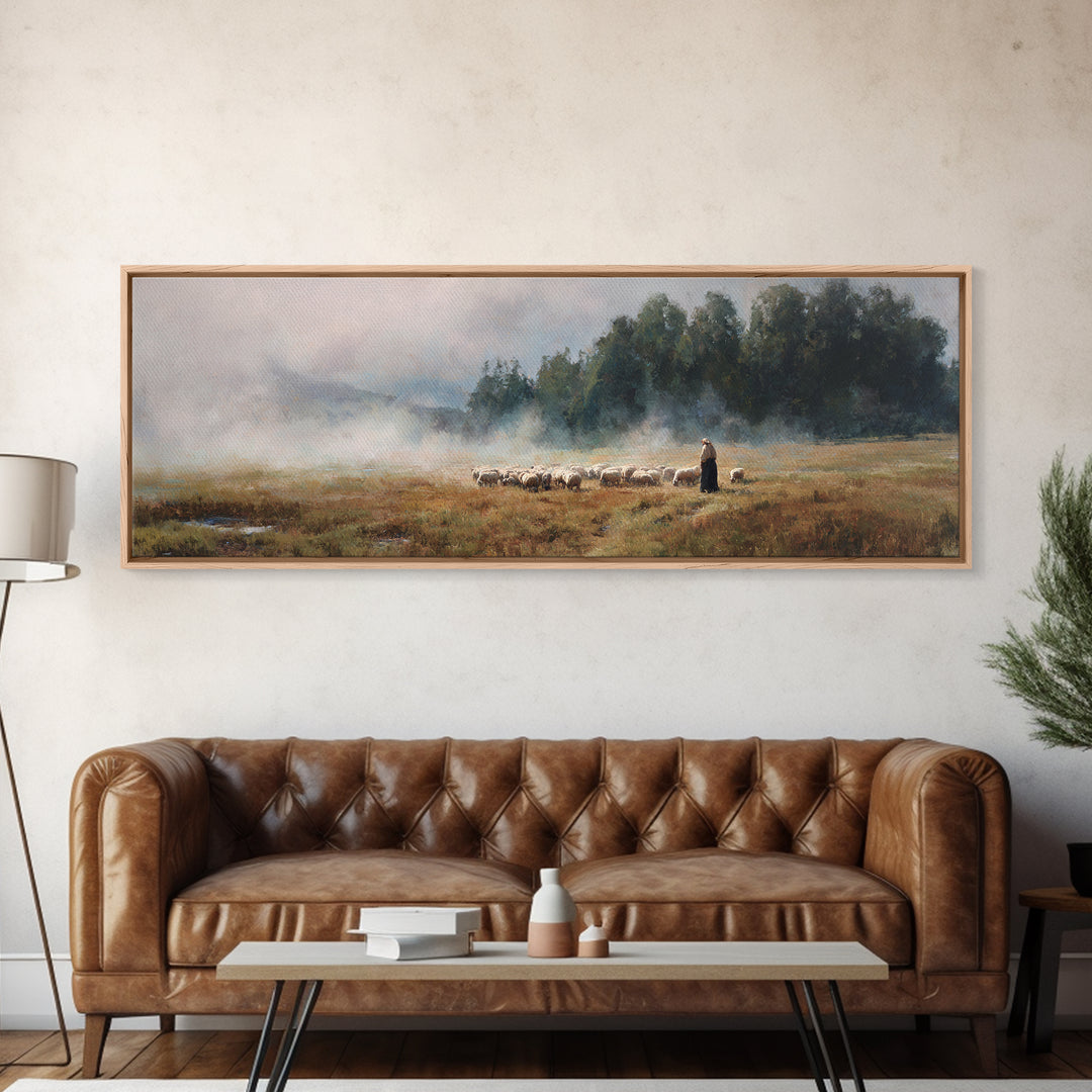 Morning Pasture Stillness | Framed Canvas Print | Panoramic Print | Christian Wall Art | Christian Art Canvas | Jesus Painting | Christian