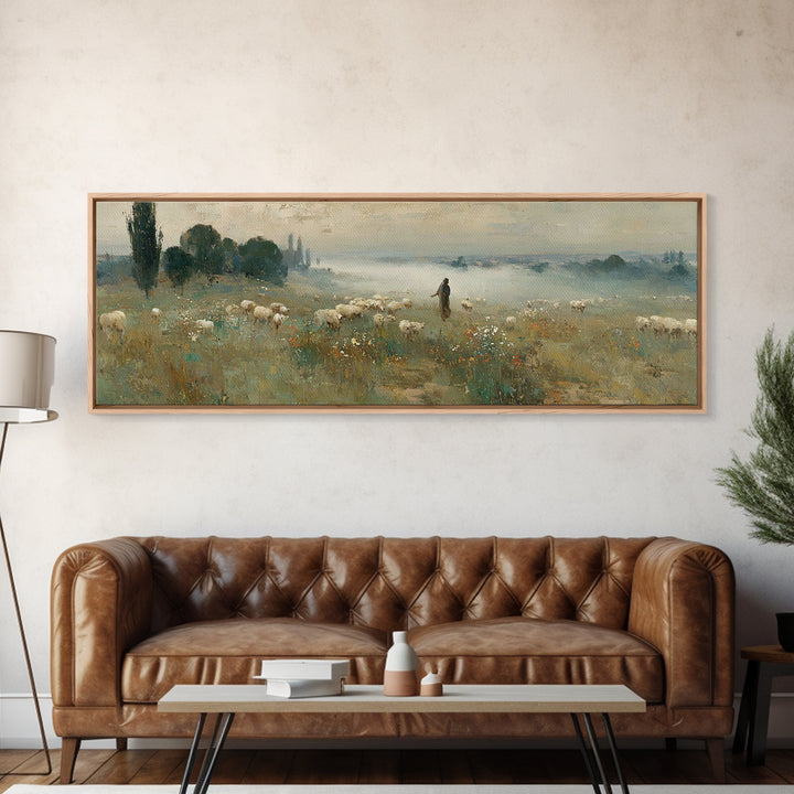 Wildflower Shepherd Path, Framed Canvas Print, Panoramic Art, Christian Wall Art, Jesus Painting, Christian Art Canvas, Vintage Christian A