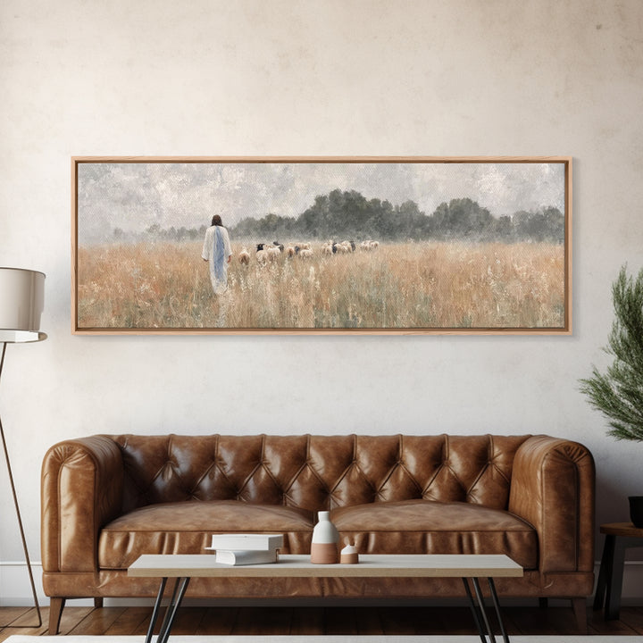 Golden Field Shepherd | Framed Canvas Print | Panoramic Wall Art | Christian Art | Jesus Painting | Christian Art Canvas | Modern Christian