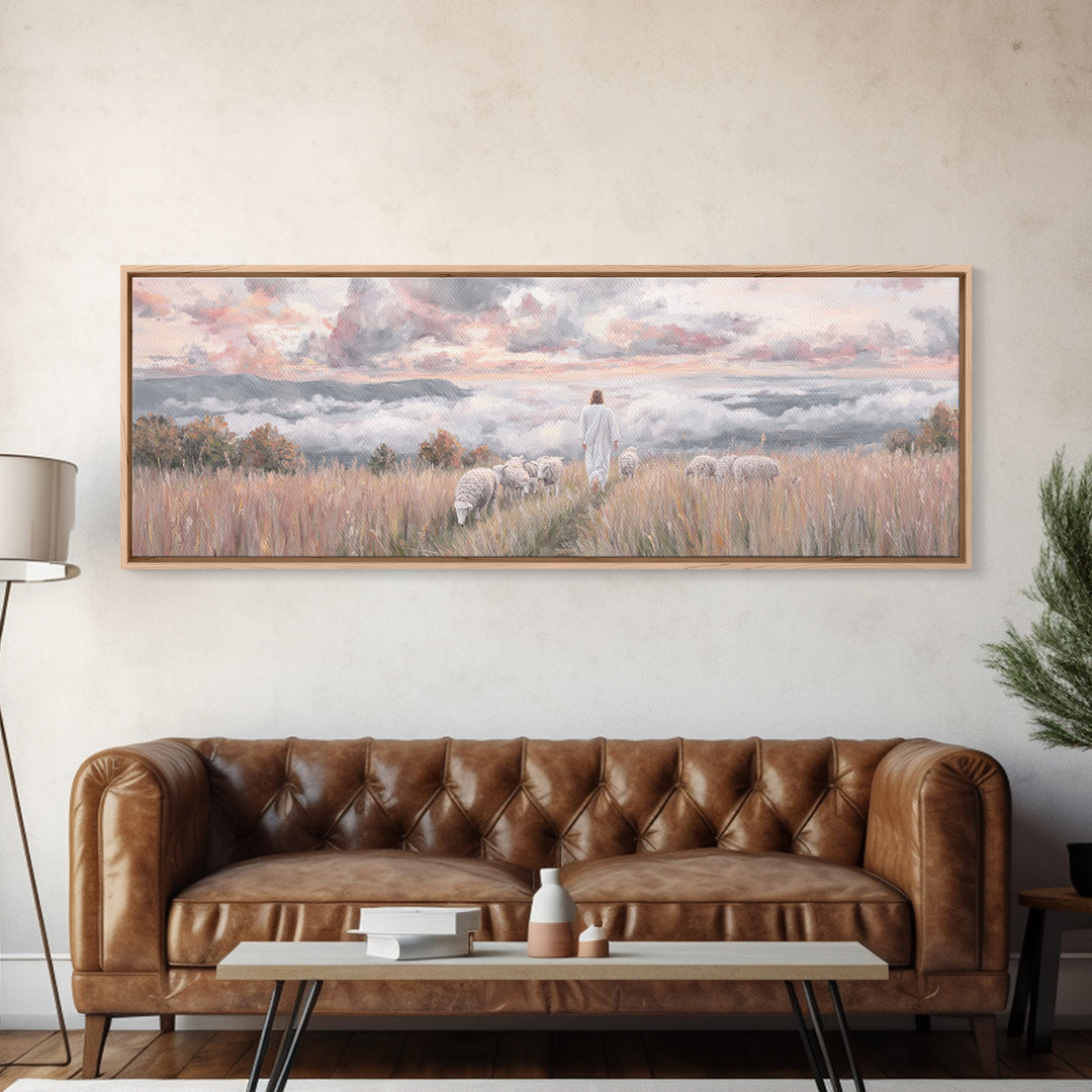 Heavenward Pasture Light, Framed Canvas Print, Panoramic Painting, Christian Art, Jesus Painting, Christian Art Canvas, Christian Wall Art,