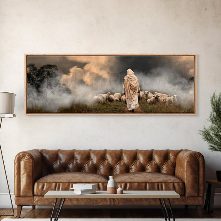 Twilight Shepherd Journey – Framed Canvas Print – Panoramic Art – Christian Art Canvas – Jesus Painting – Christian Wall Art – Moody Christ