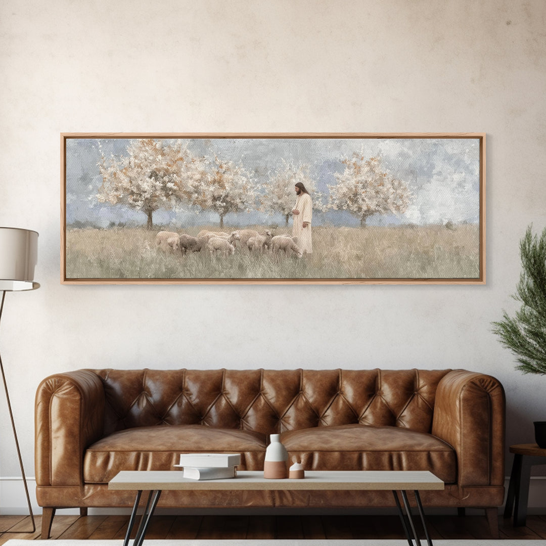 The Gentle Shepherd, Framed Canvas Print, Christian Art, Jesus Painting, Panoramic Wall Art, Christian Art Canvas, Christmas Art