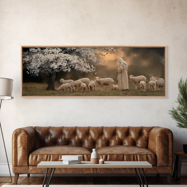 Springtime Shepherd, Framed Canvas Print, Christian Wall Art, Jesus Painting, Panoramic Painting, Christian Art Canvas, Christian Christmas