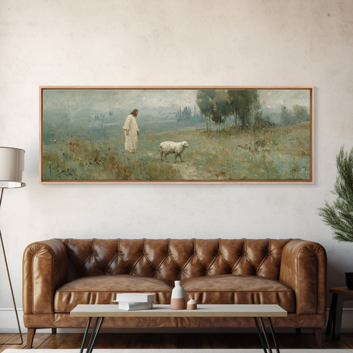 Verdant Grace Field, Framed Canvas Print, Panoramic Art, Christian Wall Art, Christian Art Canvas, Jesus Painting, Christmas Art