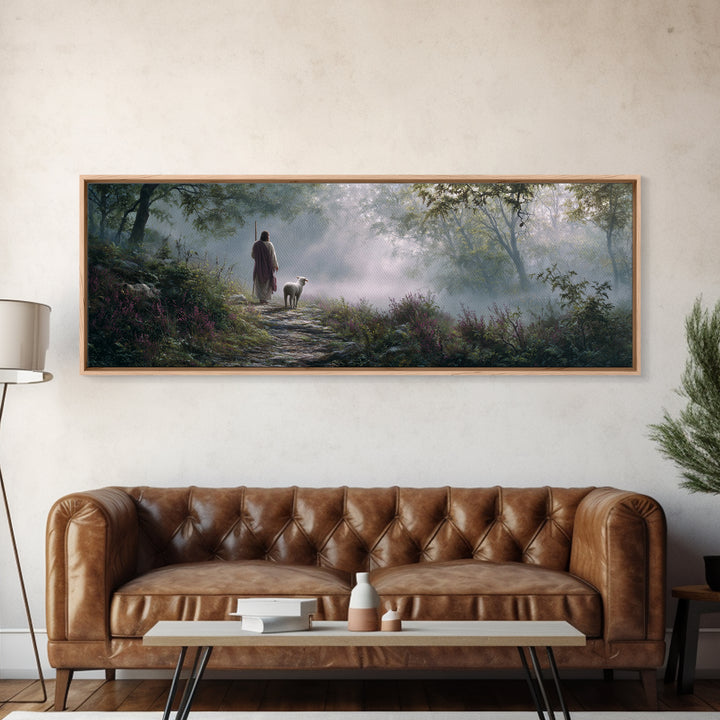 Forest Dawn Path, Framed Canvas Print, Panoramic Painting, Christian Wall Art, Jesus Painting, Christian Art Canvas, Christian Christmas Ar