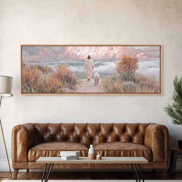 Golden Horizon Walk | Framed Canvas Print | Panoramic Frame | Christian Wall Art | Jesus Painting | Christian Art Canvas | Christmas Art