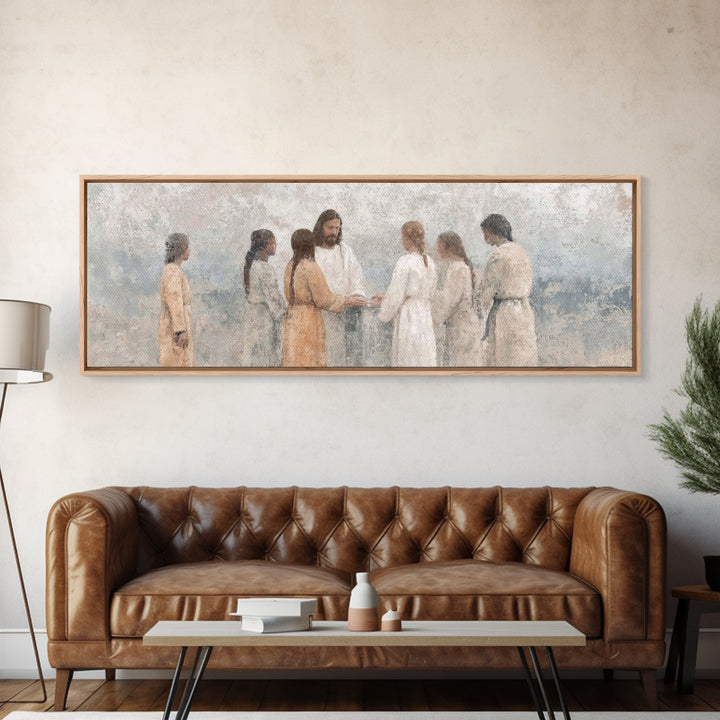 Temple Hearth Gathering, Framed Canvas Print, Christian Art, Christian Art Canvas, Jesus Painting, Panoramic Art, Christian Christmas Art