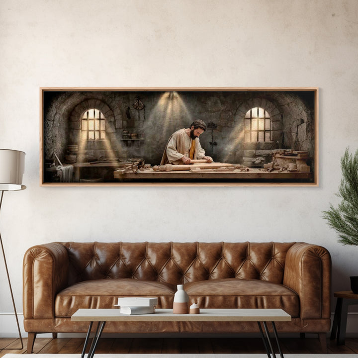 Carpenter Of Grace, Framed Canvas Print, Christian Art Canvas, Panoramic Painting, Christian Wall Art, Jesus Painting, Christian Christmas