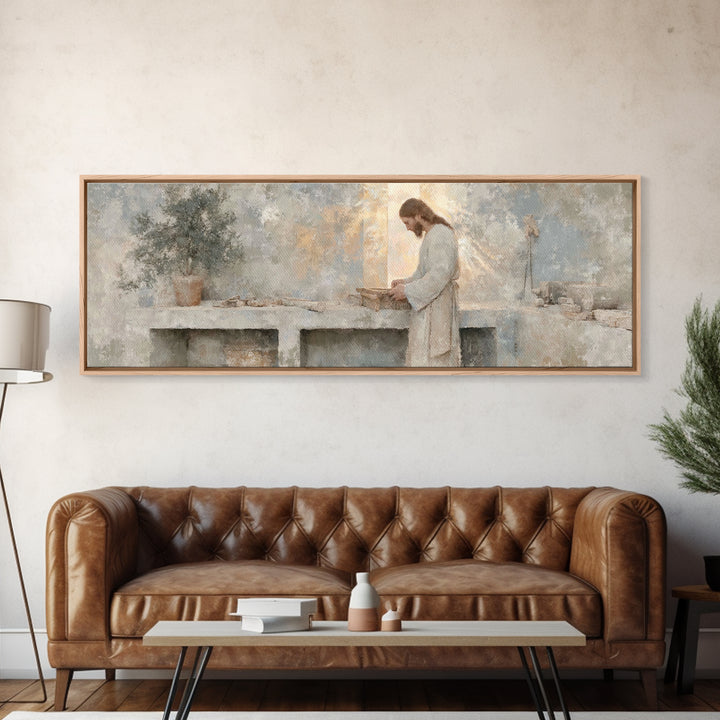Light Of The Craftsman – Framed Canvas Print – Christian Art Canvas – Panoramic Art – Christian Wall Art – Jesus Painting – Christian Decor