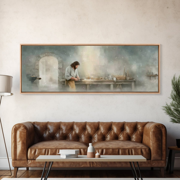 Holy Workbench Glow | Framed Canvas Print | Christian Wall Art | Panoramic Painting | Christian Art Canvas | Jesus Painting | Christian Art