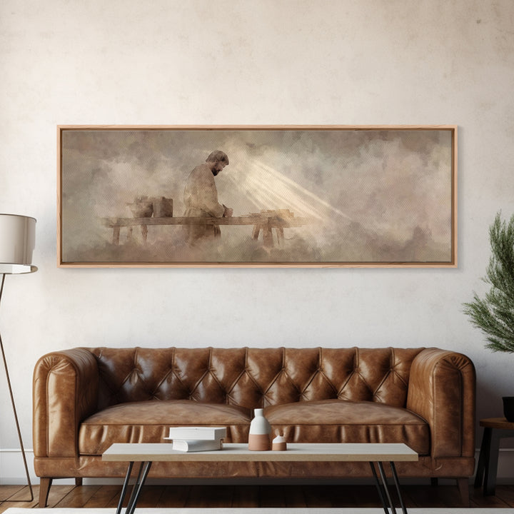 Radiant Carpenter Dawn, Framed Canvas Print, Christian Wall Art, Jesus Painting, Panoramic Wall Art, Christian Art Canvas, Christian Art