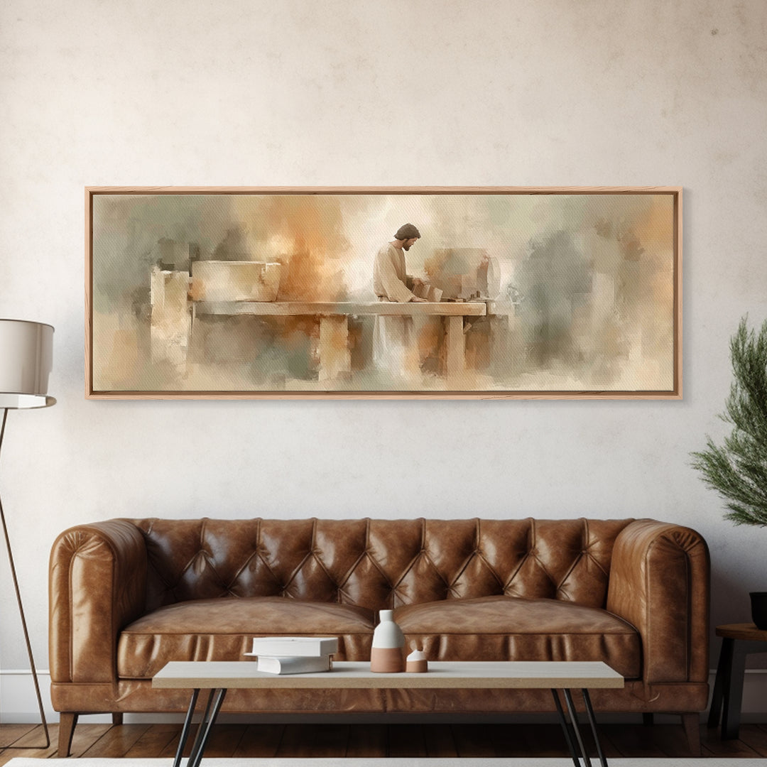 Heavenly Carpenter – Framed Canvas Print – Christian Wall Art – Christian Art Canvas – Jesus Painting – Panoramic Art – Christian Christmas