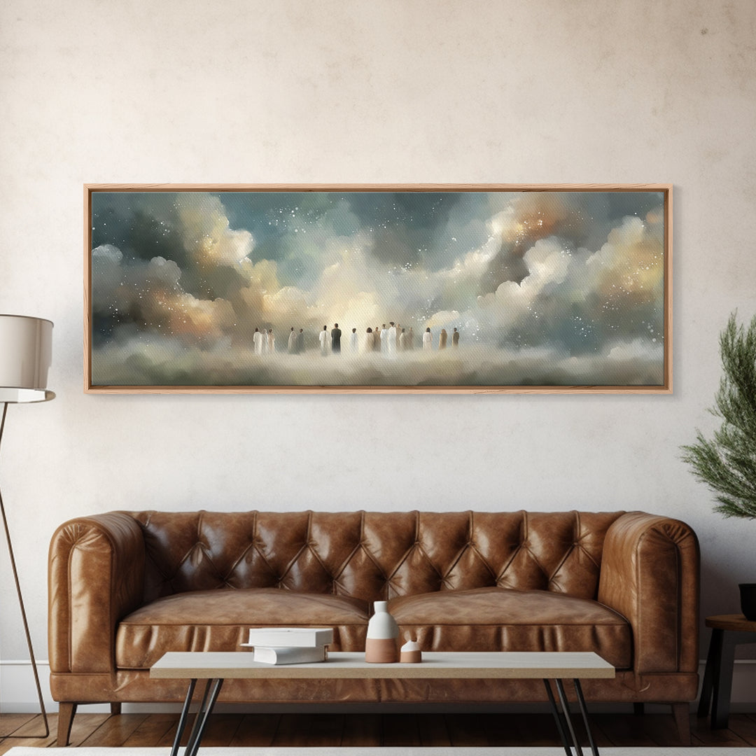 Cloudborne Assembly | Framed Canvas Print | Christian Art Canvas | Christian Wall Art | Panoramic Wall Art | Christian Painting | Christmas