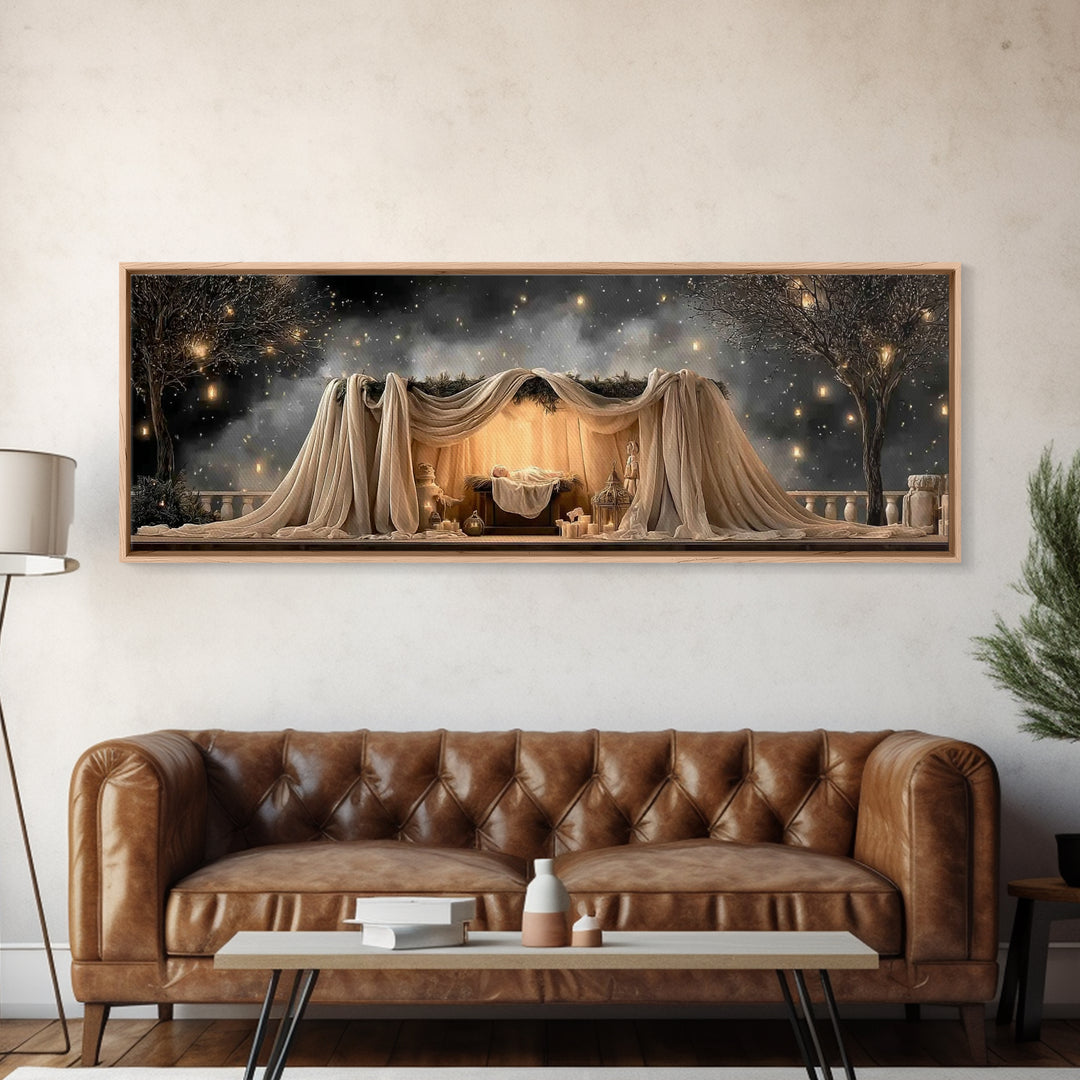 Silent Nativity, Framed Canvas Print, Christian Art Canvas, Christian Wall Art, Panoramic Art, Christmas Art, Christian Christmas Decor