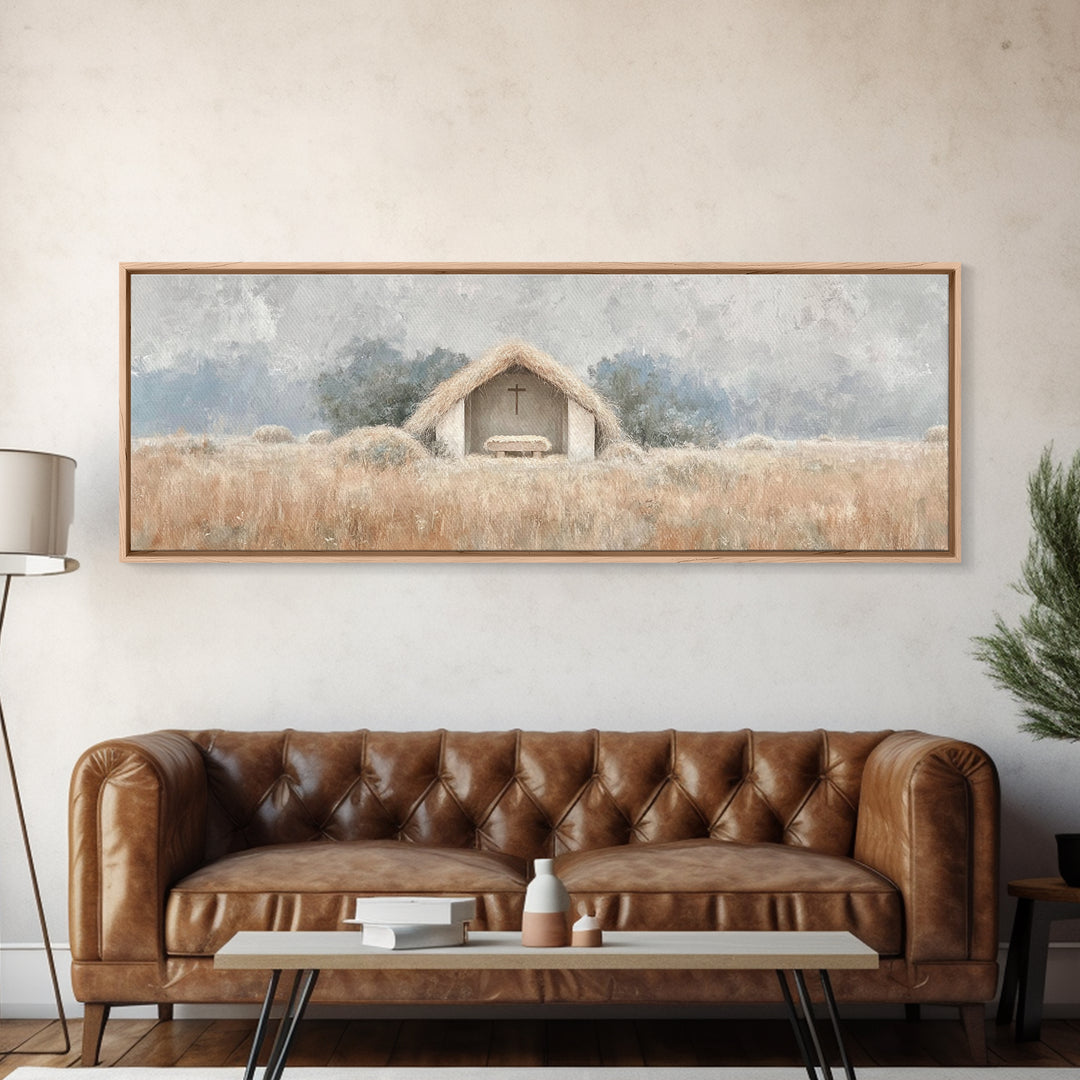 Fieldside Manger | Framed Canvas Print | Christian Wall Art | Christian Art Canvas | Panoramic Art | Christmas Art | Christian Christmas De