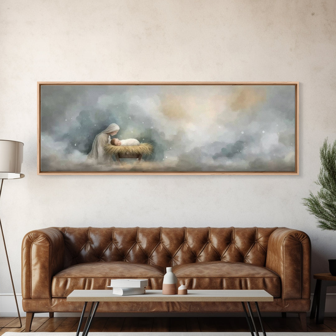 Mary’s Vigil, Framed Canvas Print, Christian Art Canvas, Christian Wall Art, Panoramic Painting, Jesus Christmas Art, Christian Gift