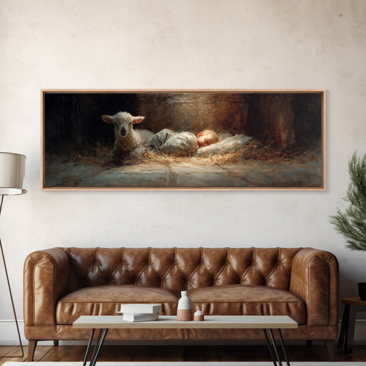 Lamb Of Peace – Framed Canvas Print – Christian Art Canvas – Christian Wall Art – Panoramic Wall Art – Jesus Painting – Christian Christmas