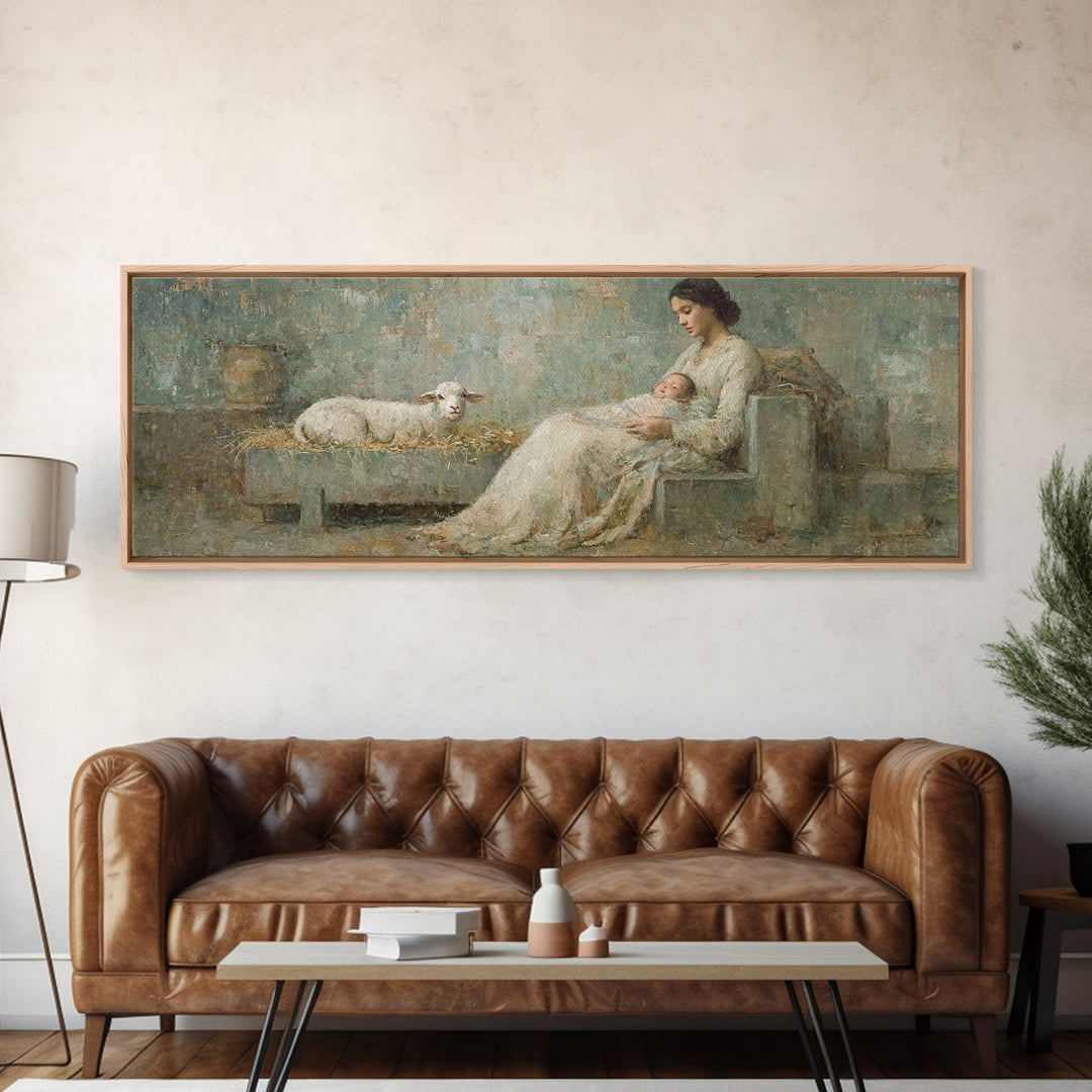Mother And Lamb, Framed Canvas Print, Christian Art Canvas, Christian Wall Art, Panoramic Art, Jesus Painting, Christian Christmas Decor
