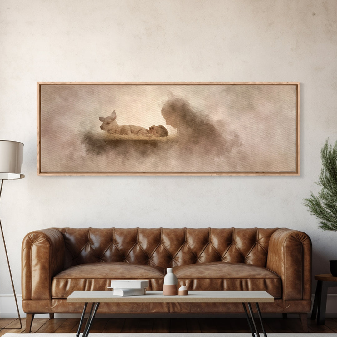 Silent Manger Light | Framed Canvas Print | Christmas Wall Art | Christian Art Canvas | Christian Christmas Art | Panoramic Print | Jesus P