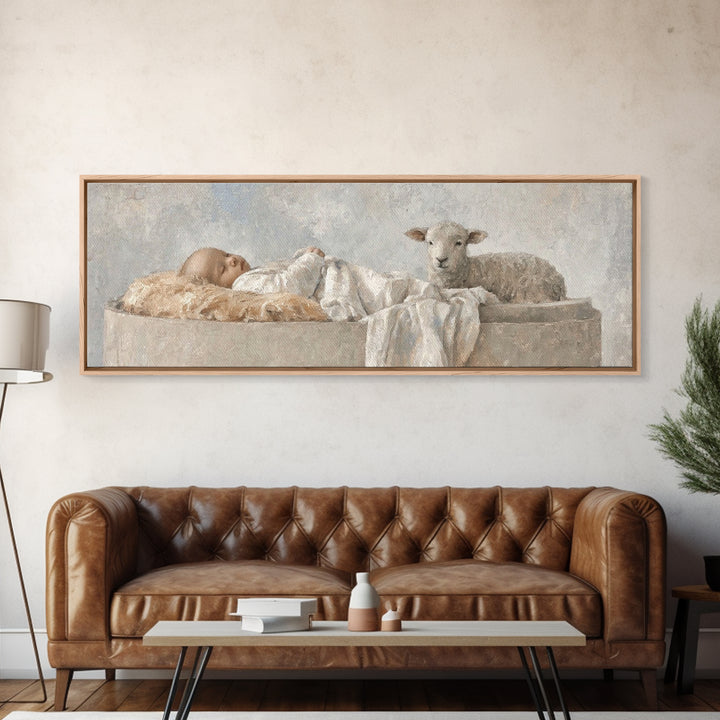 Holy Cradle Calm, Framed Canvas Print, Christian Wall Art, Christian Art Canvas, Christmas Art, Panoramic Painting, Jesus Christmas Art