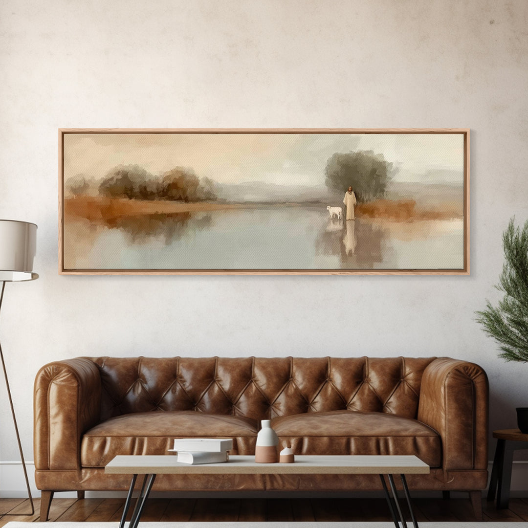 Shepherd’s Dawn | Framed Canvas Print | Christian Wall Art | Christian Art Canvas | Panoramic Frame | Jesus Painting | Christian Art