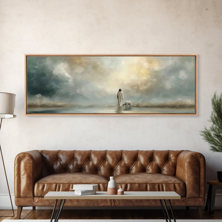 Heavenly Pasture Light | Framed Canvas Print | Panoramic Painting | Christian Wall Art | Christian Art Canvas | Jesus Art Print | Christian