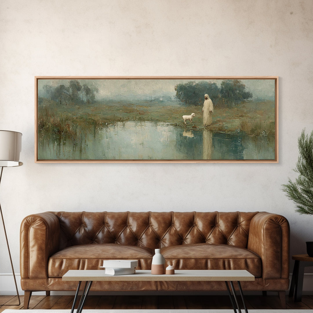 Still Waters Calling, Framed Canvas Print, Panoramic Wall Art, Christian Art Canvas, Christian Wall Art, Jesus Painting, Christian Decor