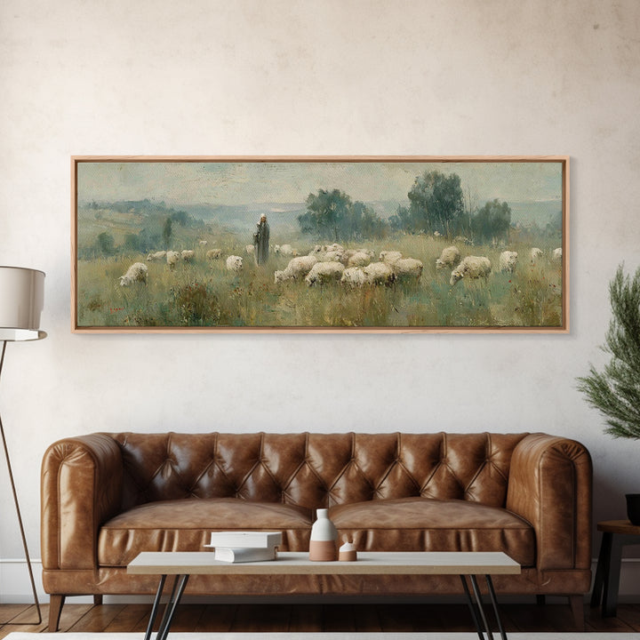 Pastoral Daybreak, Framed Canvas Print, Panoramic Art, Christian Wall Art, Christian Art Canvas, Christian Painting, Jesus Wall Art