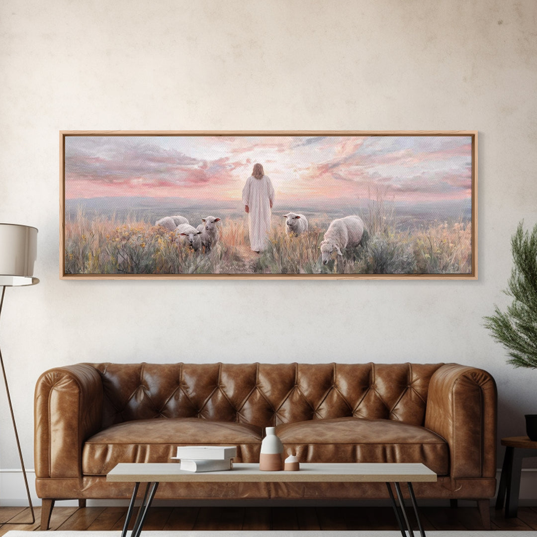 Dawn Among The Flock | Framed Canvas Print | Panoramic Wall Art | Christian Wall Art | Christian Art Canvas | Christian Painting | Jesus Ar