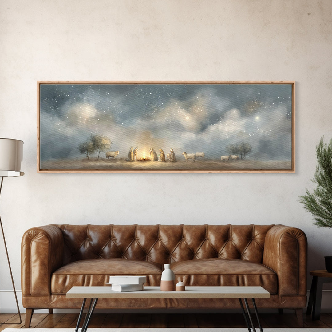 Starry Vigil, Framed Canvas Print, Panoramic Print, Christian Christmas Art, Christian Wall Art, Christmas Art Prints, Christian Art Canvas