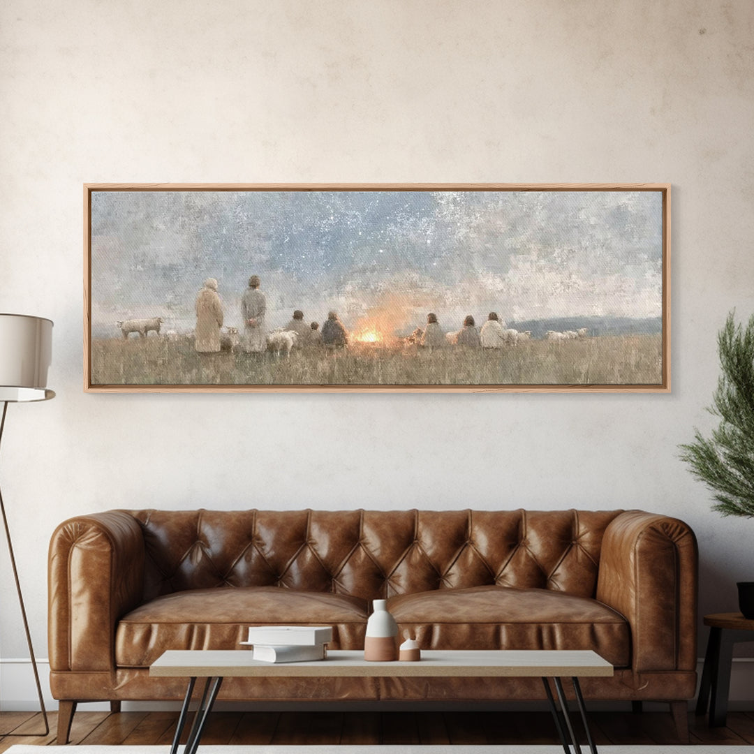 Quiet Field Gathering – Framed Canvas Print – Panoramic Painting – Christian Art – Vintage Christmas Art – Christian Wall Art – Subtle Chri