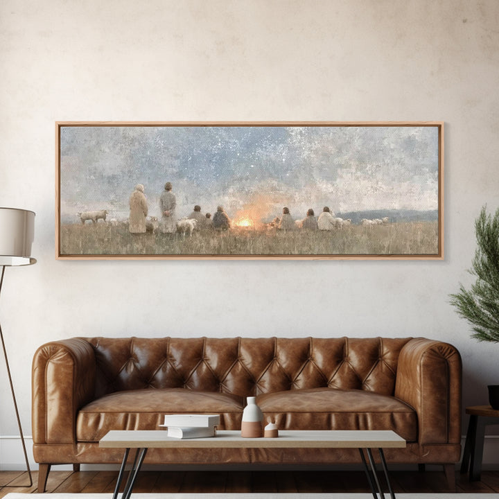 Quiet Field Gathering – Framed Canvas Print – Panoramic Painting – Christian Art – Vintage Christmas Art – Christian Wall Art – Subtle Chri