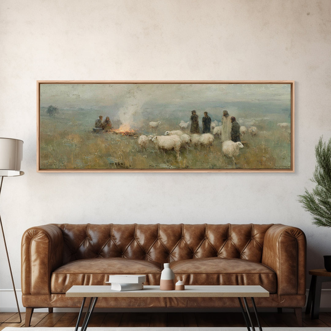 Pasture Night Watch – Framed Canvas Print – Panoramic Print – Christian Christmas Art – Christian Wall Art – Christmas Canvas Wall Art – Ch