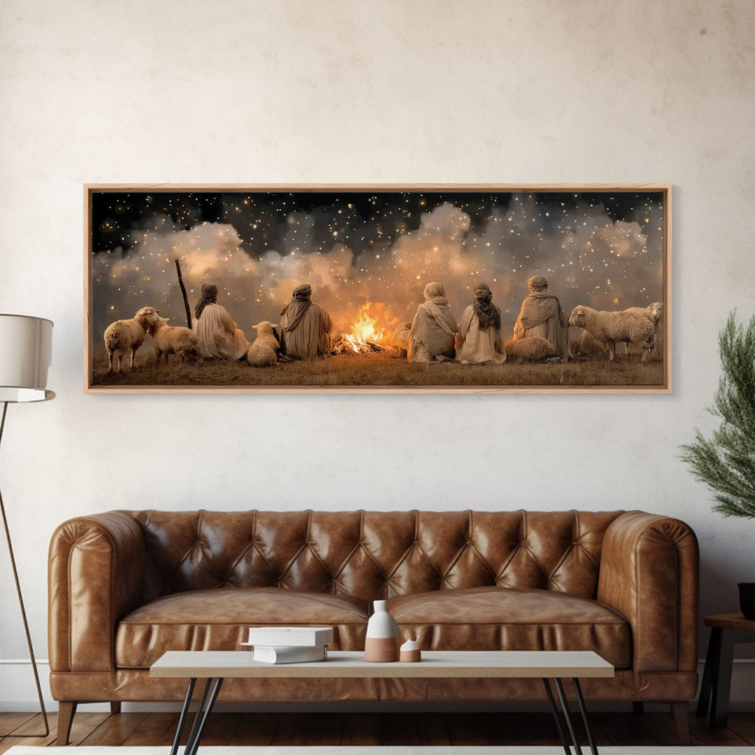 Emberlit Shepherds | Framed Canvas Print | Panoramic Art | Christian Christmas Art | Christian Wall Art | Christmas Art Work | Framed Chris
