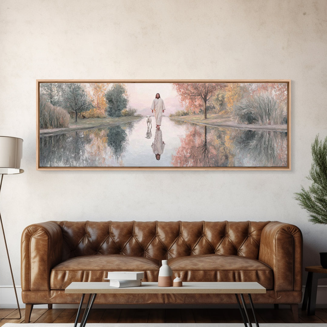 Path Of Still Waters – Framed Canvas Print – Christian Art Canvas – Jesus Painting – Christian Wall Art – Panoramic Art – Christian Decor