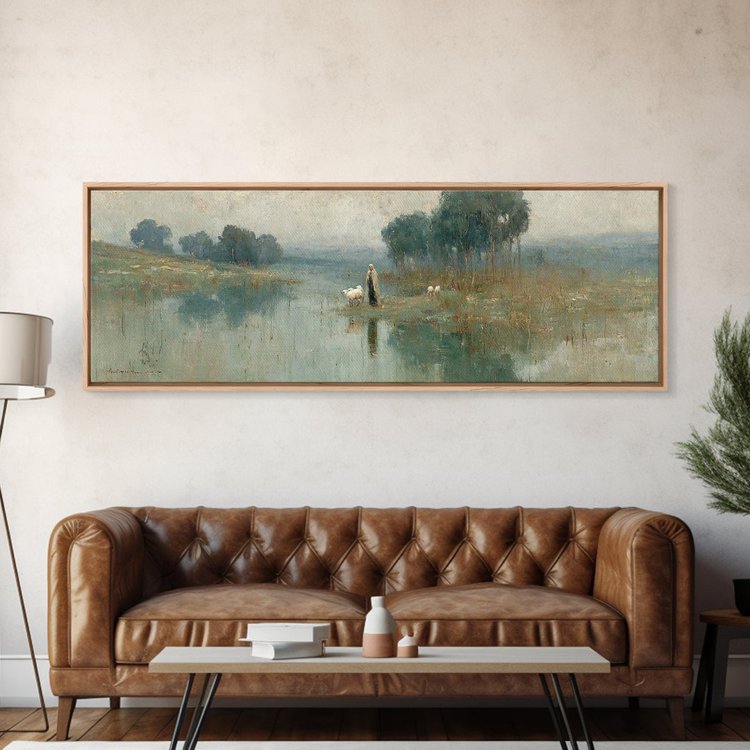 Quiet Shepherd Walk, Framed Canvas Print, Christian Wall Art, Christian Art Canvas, Jesus Painting, Panoramic Painting, Christian Christmas