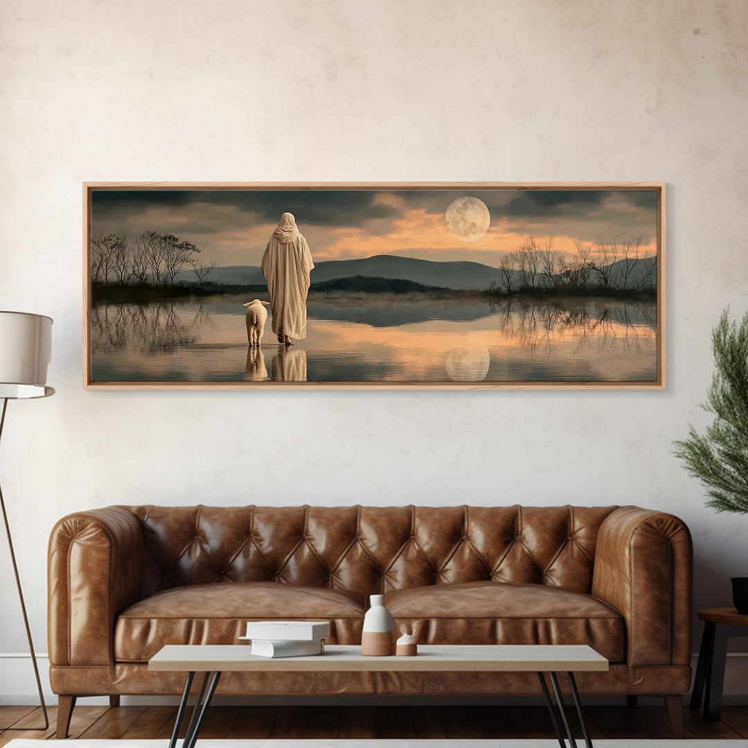 Moonlit Shepherd Path – Framed Canvas Print – Jesus Painting – Christian Wall Art – Christian Art Canvas – Panoramic Print – Christian Chri