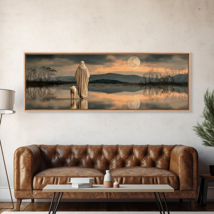 Moonlit Shepherd Path – Framed Canvas Print – Jesus Painting – Christian Wall Art – Christian Art Canvas – Panoramic Print – Christian Chri