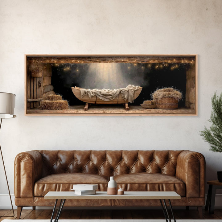 Holy Night Cradle – Framed Canvas Print – Panoramic Painting – Christian Christmas Art – Christian Art Canvas – Christmas Wall Art – Christ