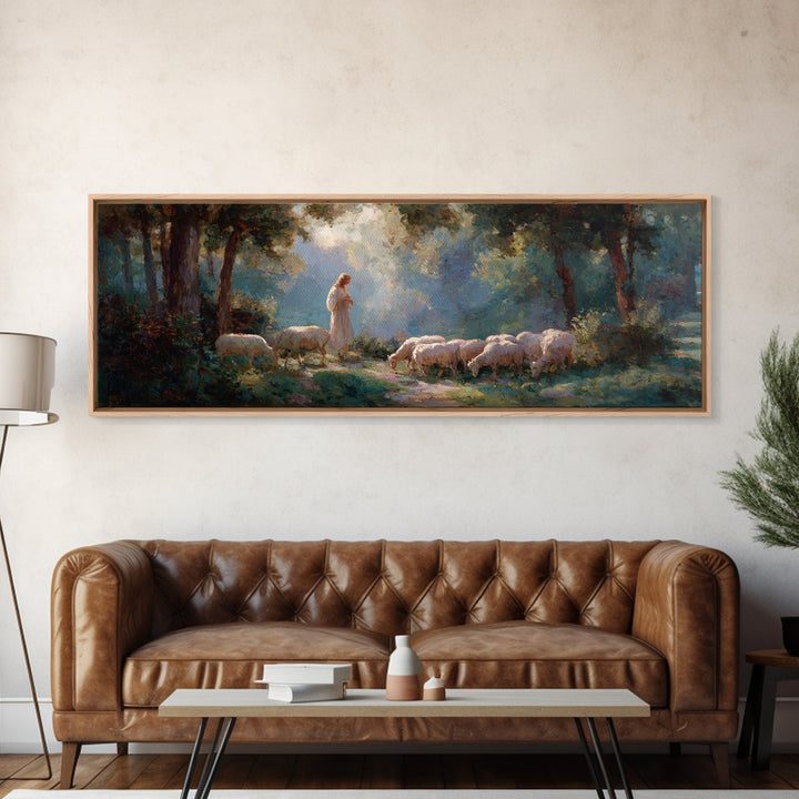Shepherd’s Peace – Framed Canvas Print – Panoramic Painting – Christian Wall Art – Jesus Painting – Christian Art Canvas – Christian Gift I