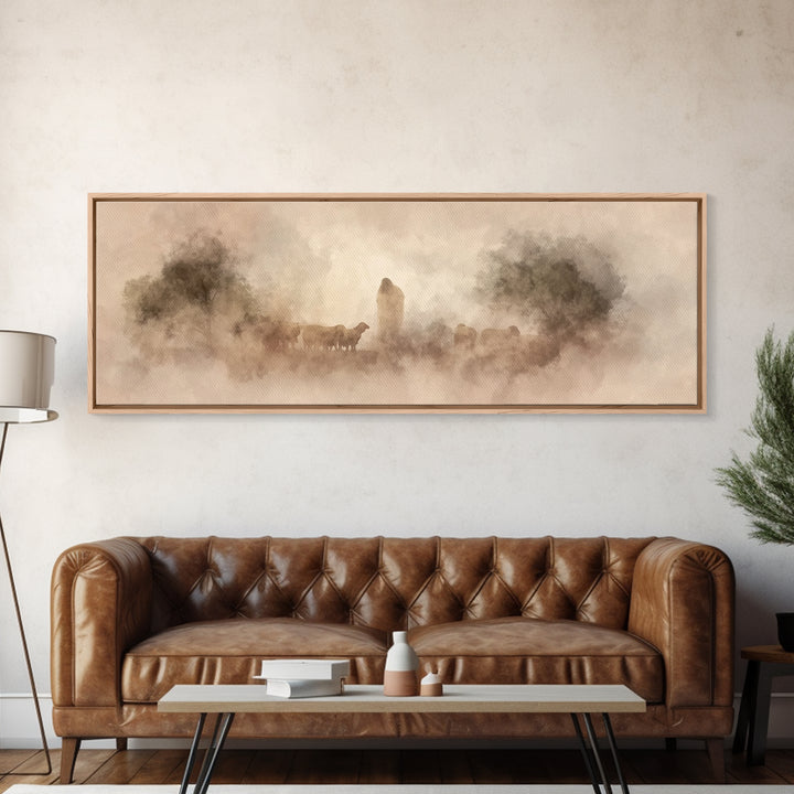 Quiet Pasture Grace | Framed Canvas Print | Panoramic Art | Christian Art | Jesus Art Print | Christian Wall Art | Christian Decor For Home