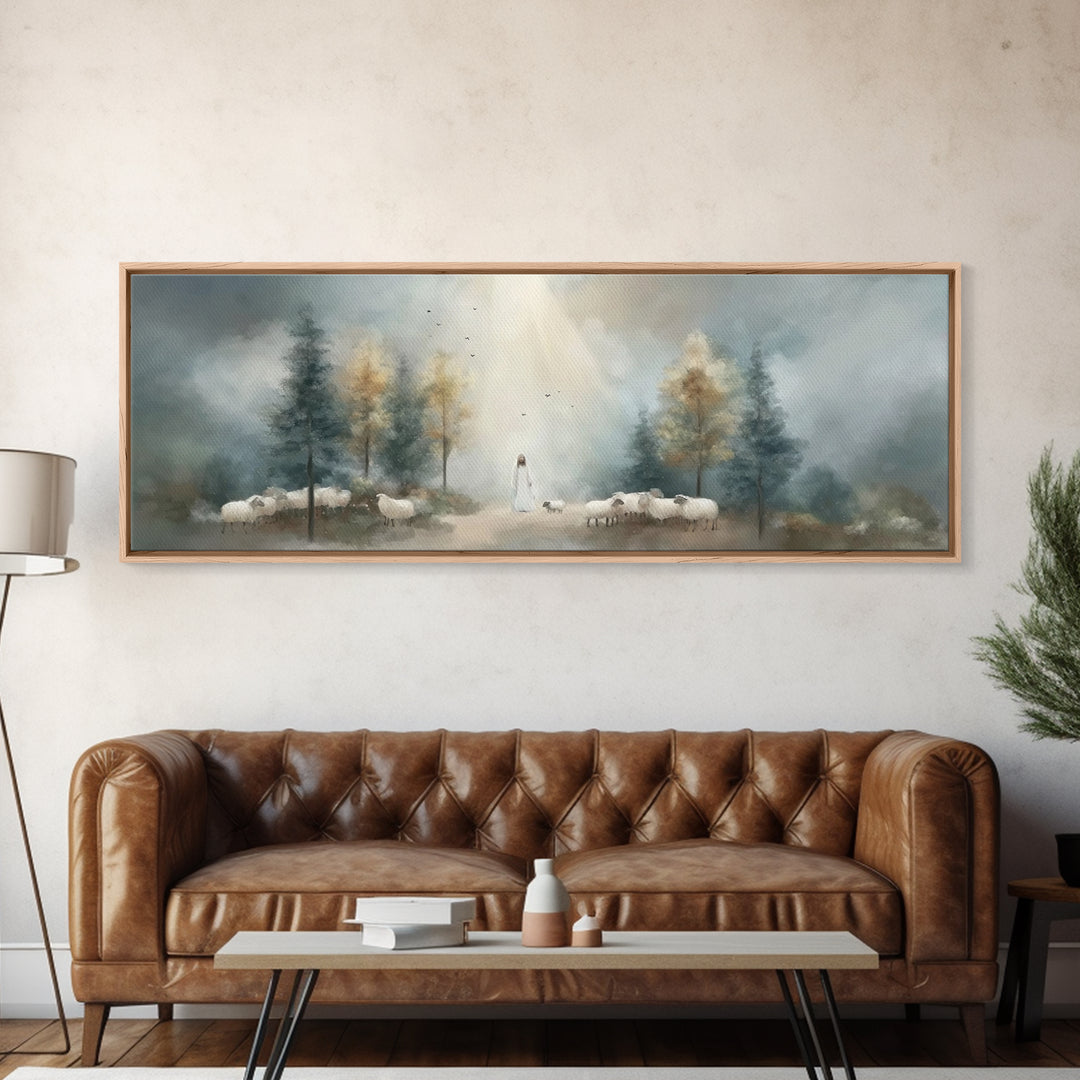 Light Of The Shepherd, Framed Canvas Print, Panoramic Wall Art, Christian Art Canvas, Jesus Painting, Christian Christmas Art, Christian Ar